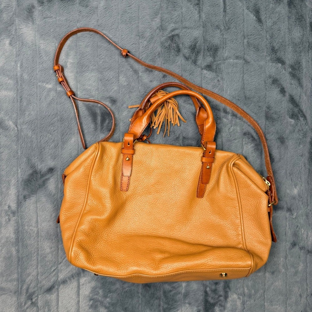 J.Crew Pebbled Leather Satchel Crossbody Bag Tan Brown Tassel Gold Hardware 9534